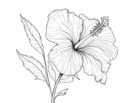 Elegant hibiscus flower illustration isolated on white background showcases intricate details of petals, stamen, and leaves in a delicate line drawing style