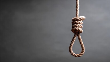 A noose hanging from a rope against a gray background.