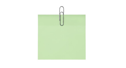 Isolated green note with paper clip, memo on green sheet, communication equipment tool