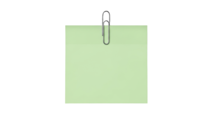 Isolated green note with paper clip, memo on green sheet, communication equipment tool