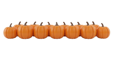 A row of vibrant orange pumpkins displayed against a clean white background, ready for autumn.