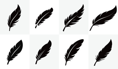This collection showcases different black feather illustrations, each with unique shapes and styles. The artwork emphasizes the elegance and beauty of feathers.