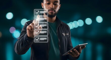 Man using digital checklist app on tablet for task management and productivity improvement online