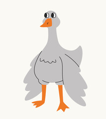Confused goose stands with its wings down. Cute bird in linear flat style.