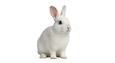 Isolated white rabbit looking forward, sitting quietly and alert with upright ears, indoors