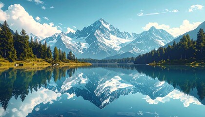 A serene mountain lake reflects a majestic, snow-capped peak, surrounded by lush forests, showcasing a tranquil and peaceful vista.