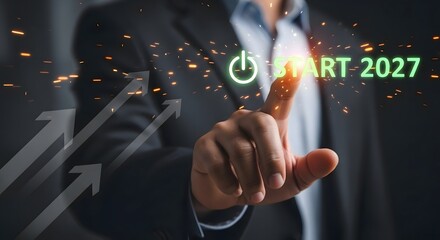 Obraz premium Start business future with start button and growth arrows for success in the year of 2027