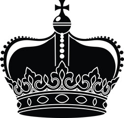 Black Silhouette of an Ornate Crown with Cross on White Background royalty king