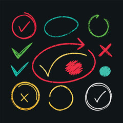 Hand-drawn doodle style colorful icons with circles, arrows, check marks, and symbols