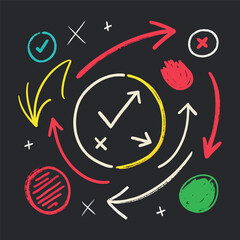 Hand-drawn doodle style colorful icons with circles, arrows, check marks, and symbols