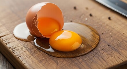 Broken egg yolk on wooden cutting board