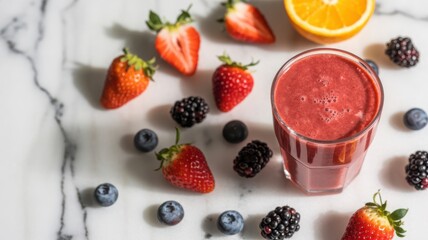 Fresh mixed berry smoothie healthy drink with fruits on marble background