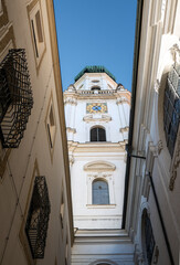 Passau, Bavaria, Germany: St. Stephan cathedral (Dom) seen from Zengergasse on a bright sunny day in summer