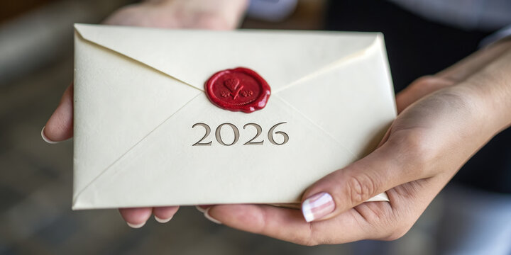 Year end business themes concept with hands holding vintage envelope sealed with red wax and year 2026 on blurred background