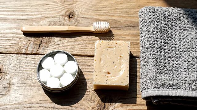 Zero Waste Bathroom Kit Flat Lay on Rustic Wood, Featuring Bamboo Toothbrush, Solid Soap and Toothpaste Tablets