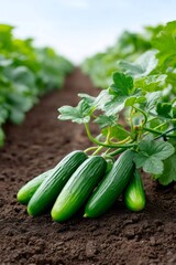 Fresh cucumbers growing on plant in farming field