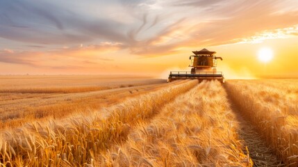 Fototapeta premium Combine harvester working in wheat field during sunset