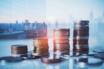 Stacked Coins with Cityscape Background Representing Financial Growth and Investment Opportunities.