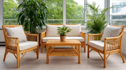Fototapeta premium Rattan furniture set in bright sunroom with plants