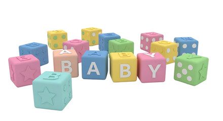 Colorful baby blocks spelling "BABY" with various shapes and patterns, isolated on white.