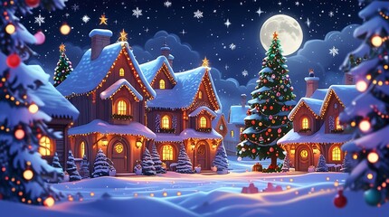 Fototapeta premium Illustrated Christmas background with a whimsical snowy village, cozy houses with glowing windows, decorated trees, festive night sky