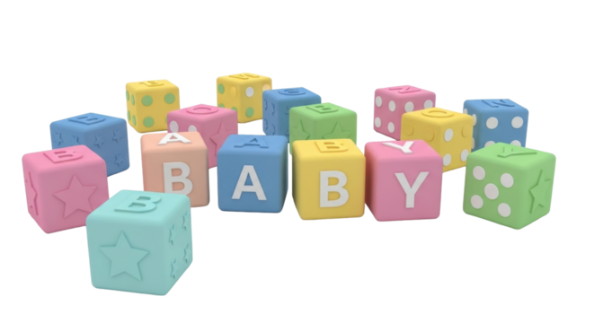 Colorful baby blocks spelling "BABY" with various shapes and patterns, isolated on white.