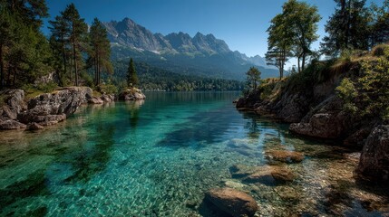 Fototapeta premium Serene mountain lake with crystal clear turquoise water, surrounded by lush green forests and majestic peaks under a blue sky.