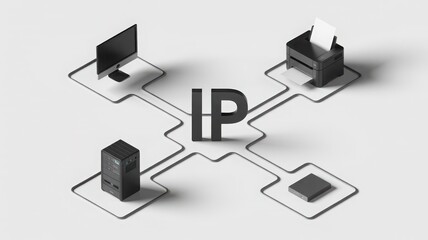Isometric network diagram with computer server printer and IP address for technol