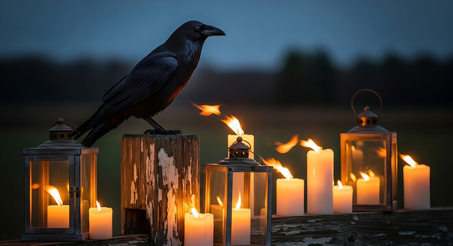 A crow perched on a wooden post surrounded by lit candles and lanterns at night in the dark woods ai generated