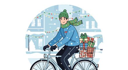 Fototapeta premium A cheerful person on a bicycle with a basket full of gifts, decorated with festive lights, delivering presents during a gentle snowfall in a charming winter town