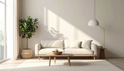 Minimalist Living Room Interior Design Featuring Neutral Tones Sunlight and Natural Elements