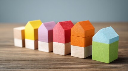 Obraz premium A row of colorful wooden toy houses on a wooden table.