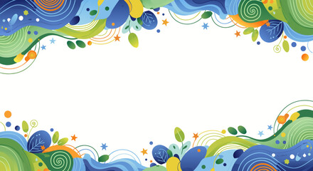 Abstract flowing colorful organic shapes with plant elements, creating a vibrant and dynamic frame for text or design elements, perfect for nature-themed backgrounds