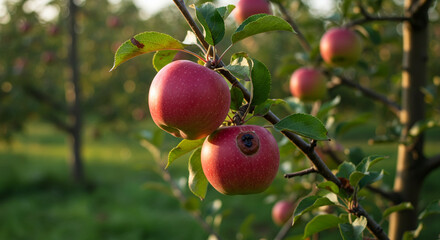 Obraz premium Ripe red apples on a tree branch in an orchard with sunlight filtering through the leaves