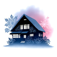 Naklejka premium Winter house watercolor painting with snowflakes and glowing windows on a festive background
