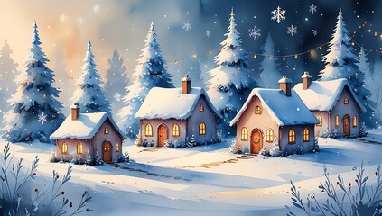 Fototapeta premium Illustrated Christmas background with a whimsical snowy village, cozy houses with glowing windows, decorated trees, festive night sky