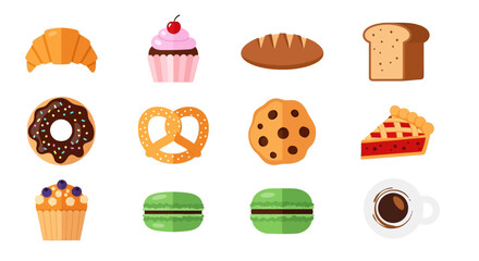 Flat Style Collection of Delicious Pastry and Dessert Sweet Food