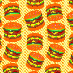 Burger pattern background. Colorful cartoon burger pattern illustration. Seamless pattern burger isolated on waffle background. Cheeseburger or humberger pattern. Fast food illustration.