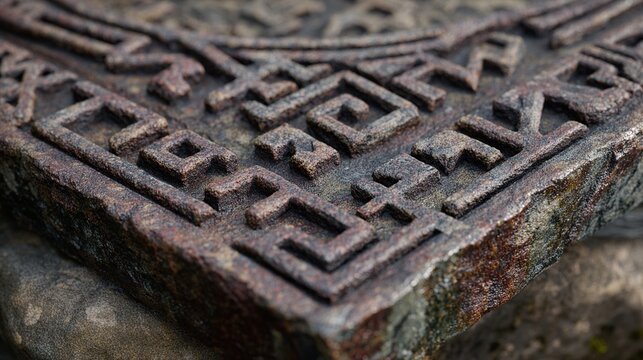 Detailed close-up of a weathered, carved stone slab with intricate geometric patterns and a textured surface