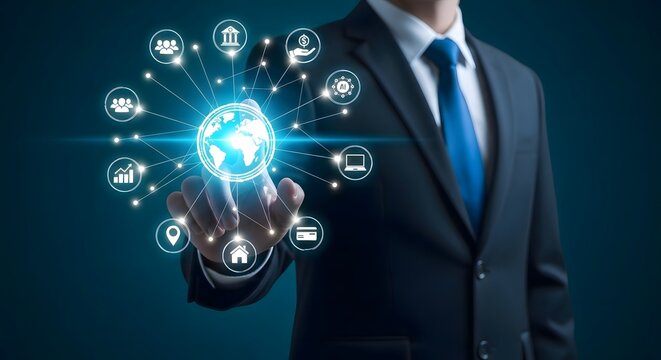 Global business network connection concept businessman touching digital interface world map - Powered by Adobe