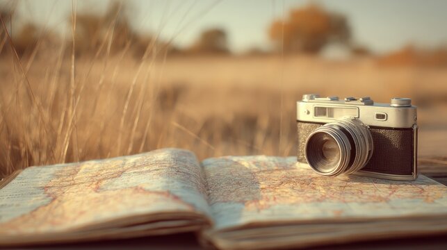 Vintage camera and map on a wooden table in a field.
