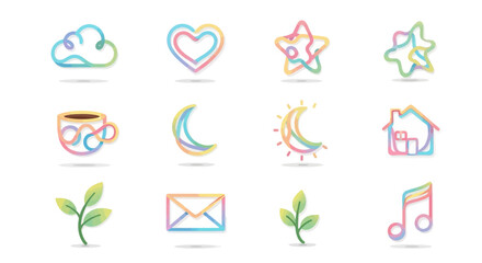 Gradient Pastel Thin Line Icon Set with Cloud, Heart and Moon