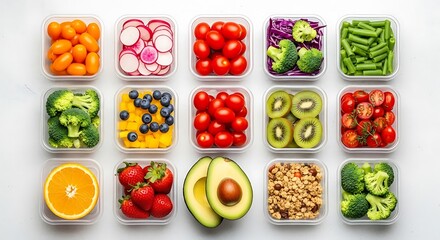 Assortment of fresh fruits and vegetables neatly arranged in clear containers