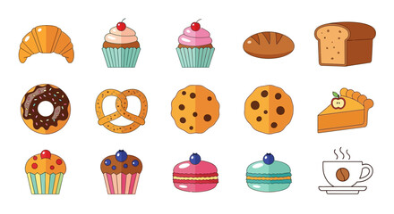 Flat Style Various Delicious Bakery Item and Coffee Collection Illustration