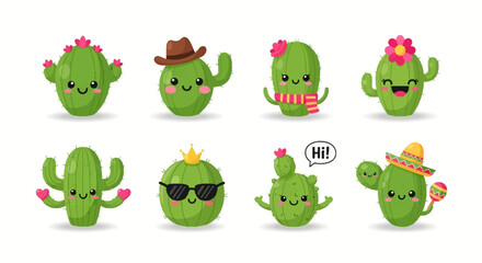 Fototapeta premium Cartoon Styled Cute Cactus Character Set with Various Accessories Isolated