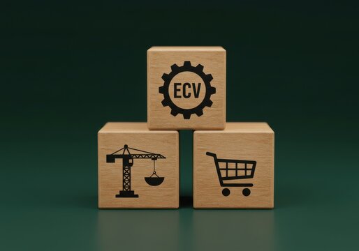 Wooden blocks with ECV, shopping cart, and scale icons on a dark green background, viewed from a slight angle