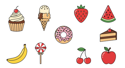 Simple Outline Style Colorful Dessert and Fruit Sweet Food Icon Set