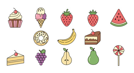 Flat Design Illustration Set of Various Sweet Food and Fruit Icons