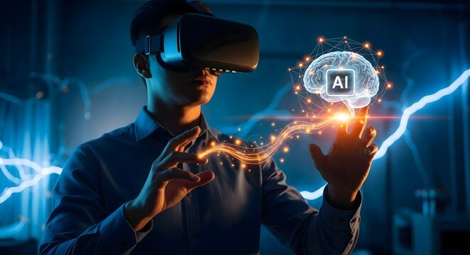 Man using vr headset interacting with artificial intelligence ai brain in virtual reality space