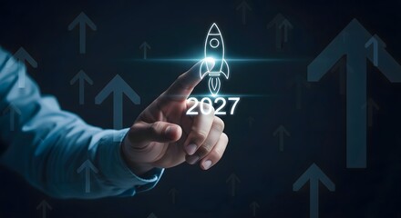 New business launch concept for the year 2027 with rocket and growth arrows on dark background